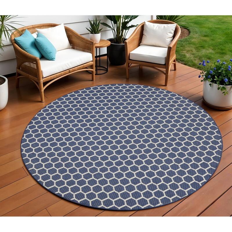 HomeRoots Geometric Modern Rectangle Outdoor Rug - 8' Round - Blue/Ivory - 8' Round