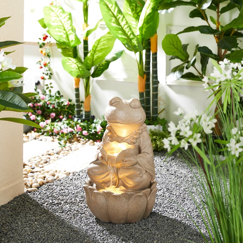 Glitzhome 21.75"H 2-Tiered Lighted Zen Style Frog Elephant Hippo Polyresin Outdoor Fountains
