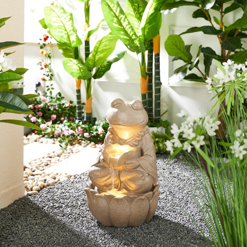 Glitzhome 21.75"H 2-Tiered Lighted Zen Style Frog Elephant Polyresin Outdoor Fountains