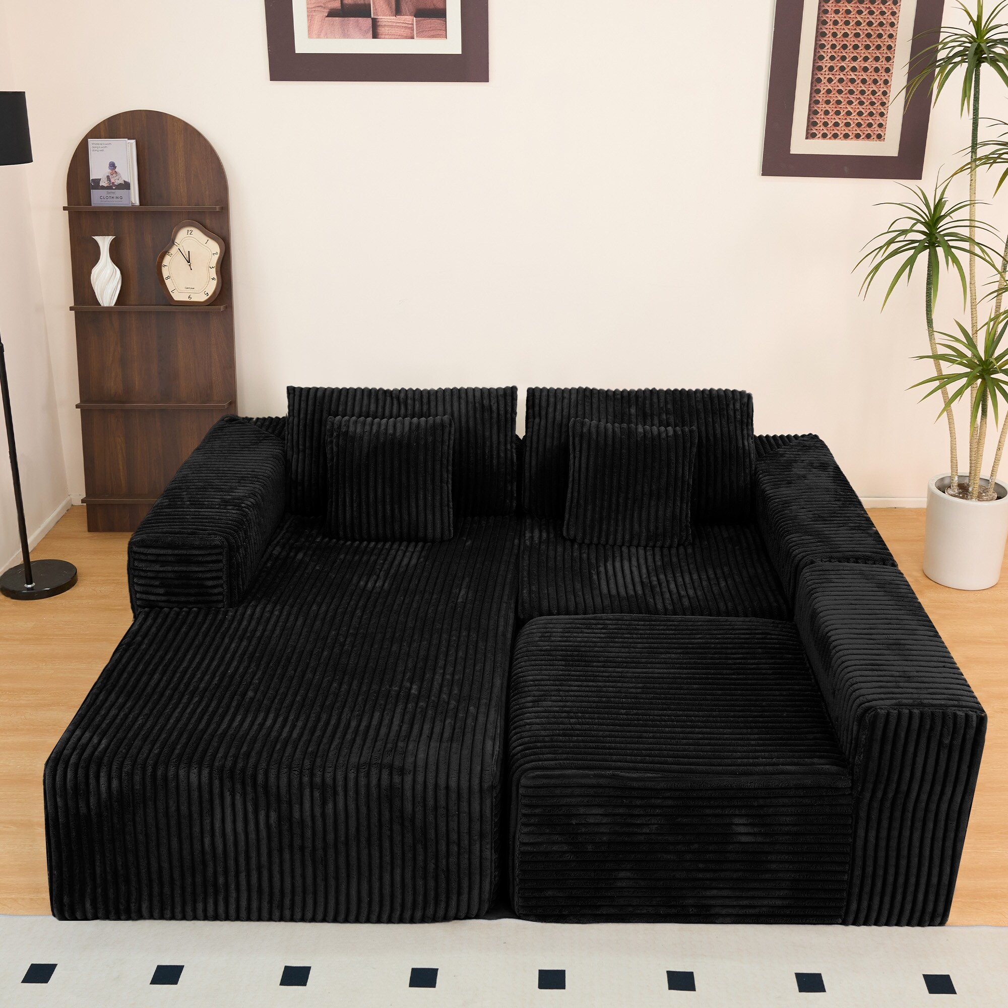 Corner Sectional Sofa, Convertible Sofa Bed, L-Shape Deep Seat Floor Sofa with Chaise, Boneless Corduroy Couch for Leisure Area