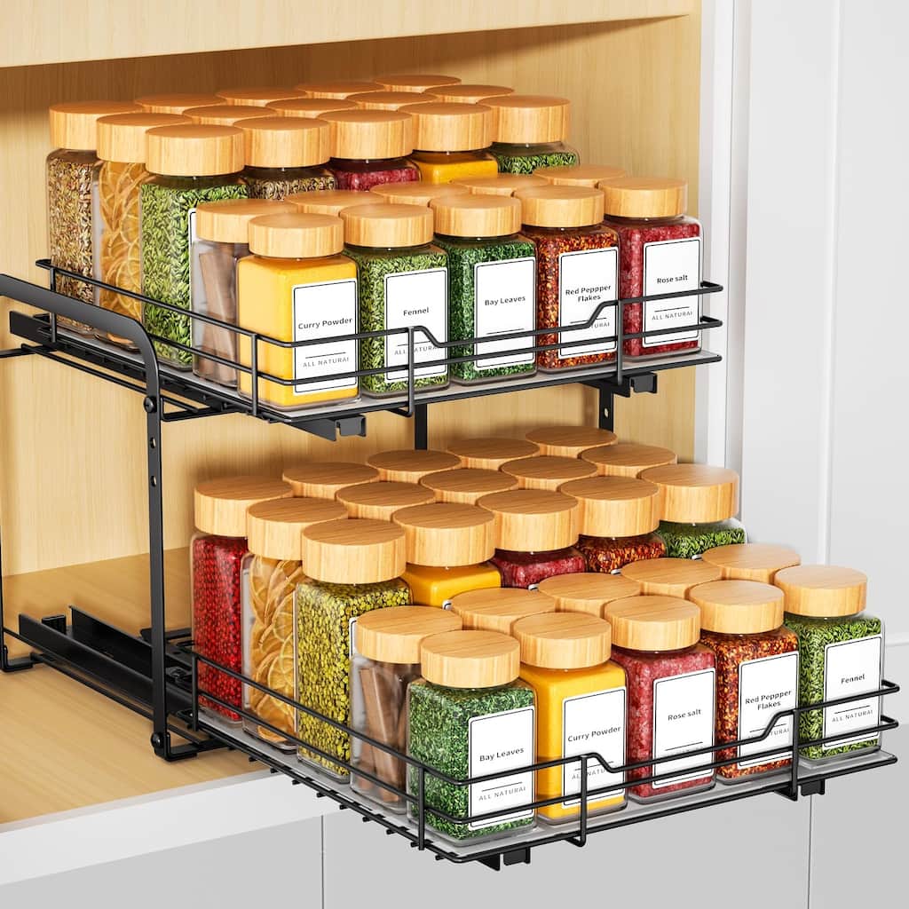 Spice Organization for Cabinet,2 Tier Pull out Spice Rack Organizer,Slide out Heavy Duty Metal Shelf Rack