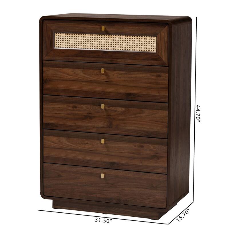 Jenibelle Classic Walnut Brown Wood 5-Drawer Chest with Rattan Drawer