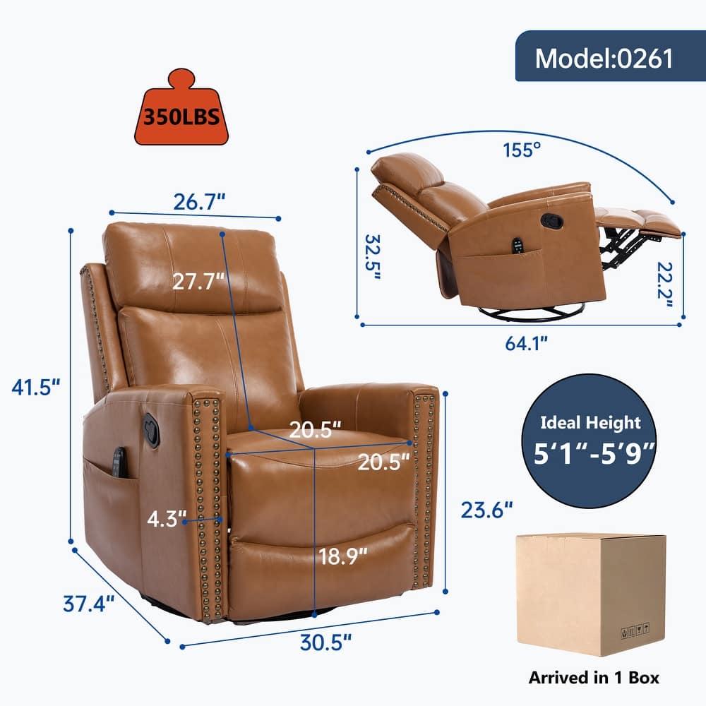 Genuine Leather Manual Recliner Chair with Heat & Massage, Adjustable Heavy Duty Reclining, Swivel Recliner Chair with Rocker