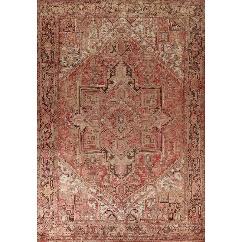 Red & Pink Geometric Heriz Persian Vintage Rug Handmade Wool Carpet - 8'5"x 11'5"
