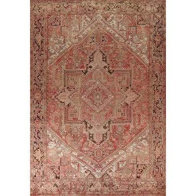 Red & Pink Geometric Heriz Persian Vintage Rug Handmade Wool Carpet - 8'5"x 11'5"
