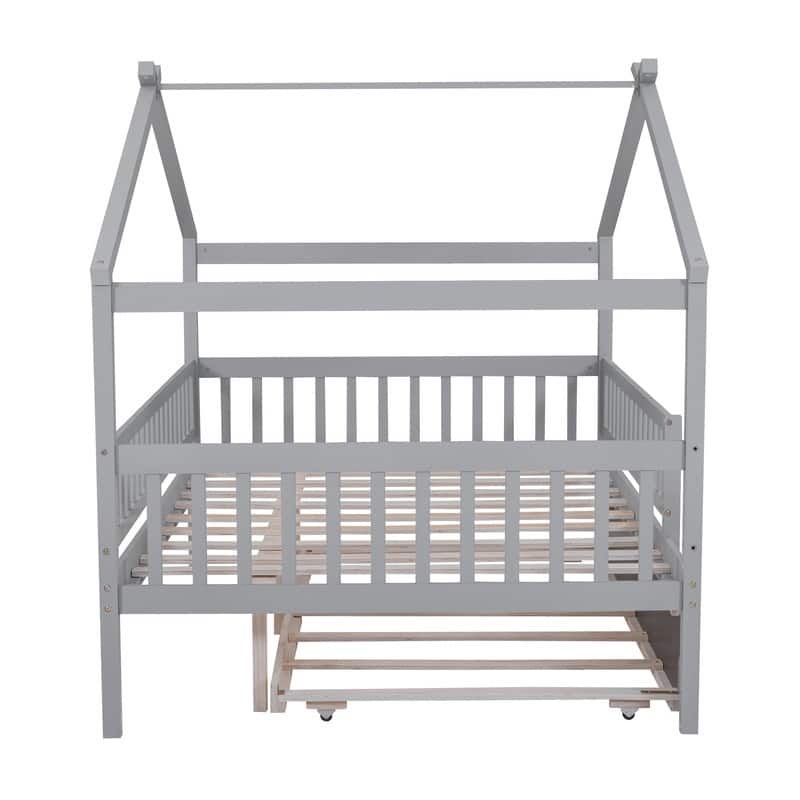 Full Size House Bed for Kids, Wooden House Bed Full with Trundle