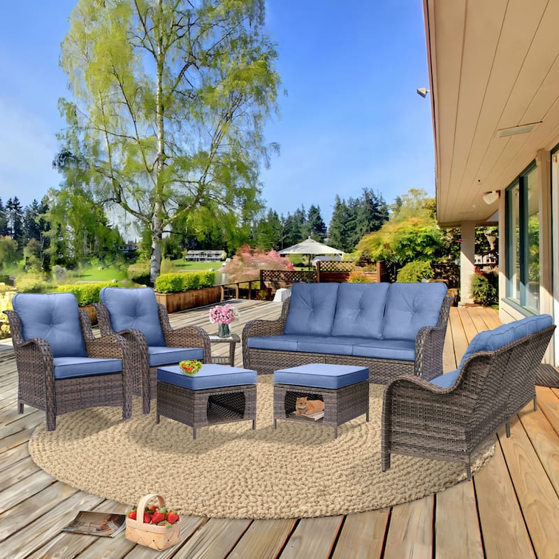 Brown Wicker Outdoor Patio Conversation Sets with Denim Blue Cushions - 7-piece - Denim Blue/Brown Wicker