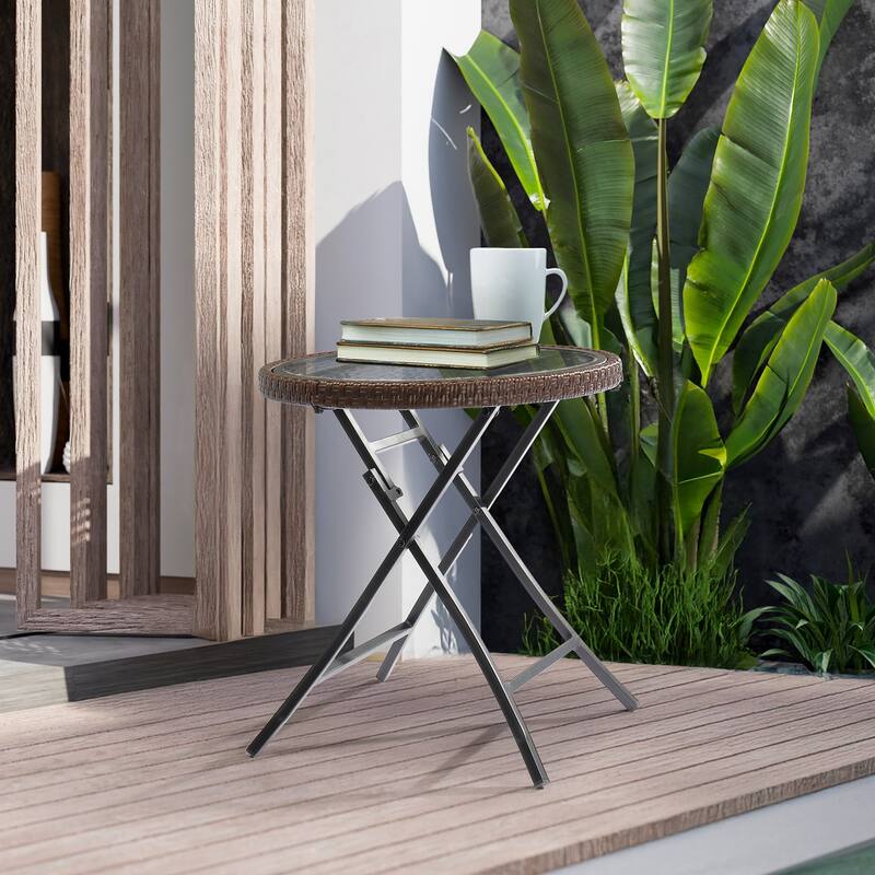 Outdoor Round Side Table with Tempered Glass Top, Foldable Metal Frame, Compact Patio, Balcony - 15.75" x 15.75" x 20.6"