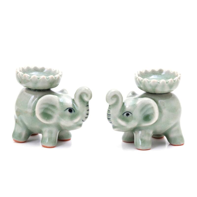 Novica Handmade Baby Elephants In Green Celadon Ceramic Incense Holders (Pair)