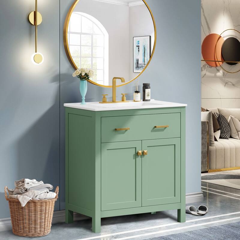 30-inch Bathroom Vanity with Ceramic Sink,2 Doors and a Shelf - Green