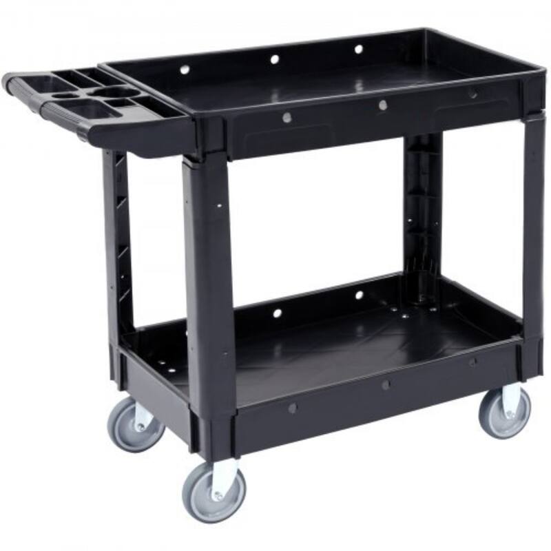 Black Plastic 2 Storage Shelf Rolling Utility Service Cart Swivel Lockable Wheels and Ergonomic Push Handle