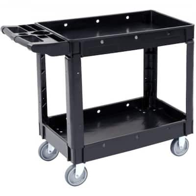 Black Plastic 2 Storage Shelf Rolling Utility Service Cart Swivel Lockable Wheels and Ergonomic Push Handle