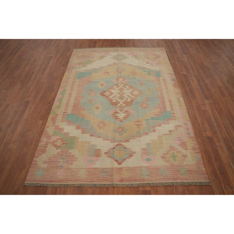 Hand Woven Oriental 100% Wool Carpet Southwestern Medallion Navy Blue & Blues Kilim Area Rug - 7' 1'' X 5' 0''