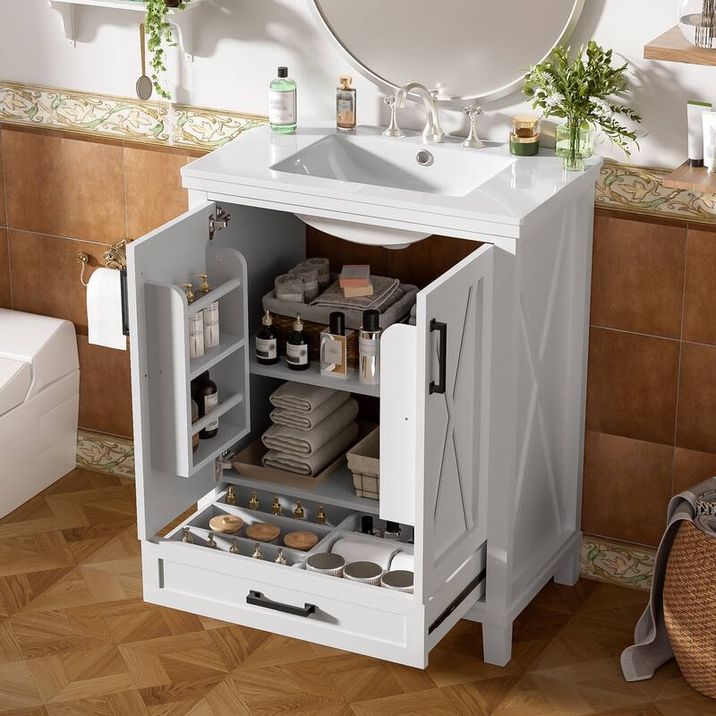 24" Bathroom Vanity with Ceramic Sink Bathroom Storage Cabinet with Divided Drawer and Storage Shelves