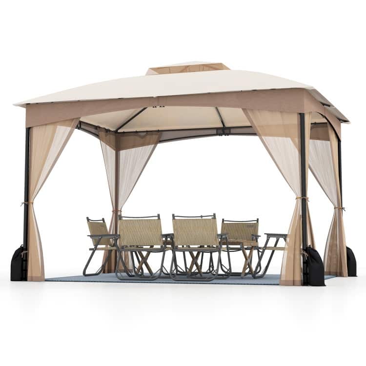 Outdoor Patio Gazebo with Double Roof, Removable Mesh Sidewalls & Sandbags - 144 x 120 x 114 inches (L x W x H)