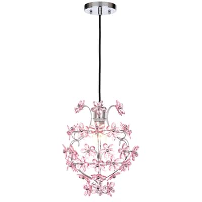 SAFAVIEH Lighting 12-inch Raz Floral Chrome/ Pink Adjustable Pendant Lamp - 11.75"x11.75"x16.5-88.5"
