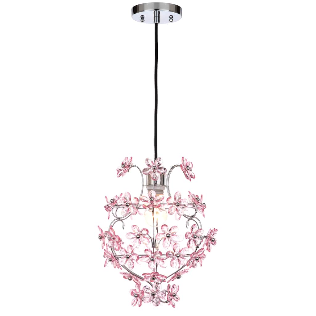 SAFAVIEH Lighting Kori 12-inch Floral Chrome/ Pink Adjustable Pendant Lamp - 11.75"x11.75"x16.5-88.5"