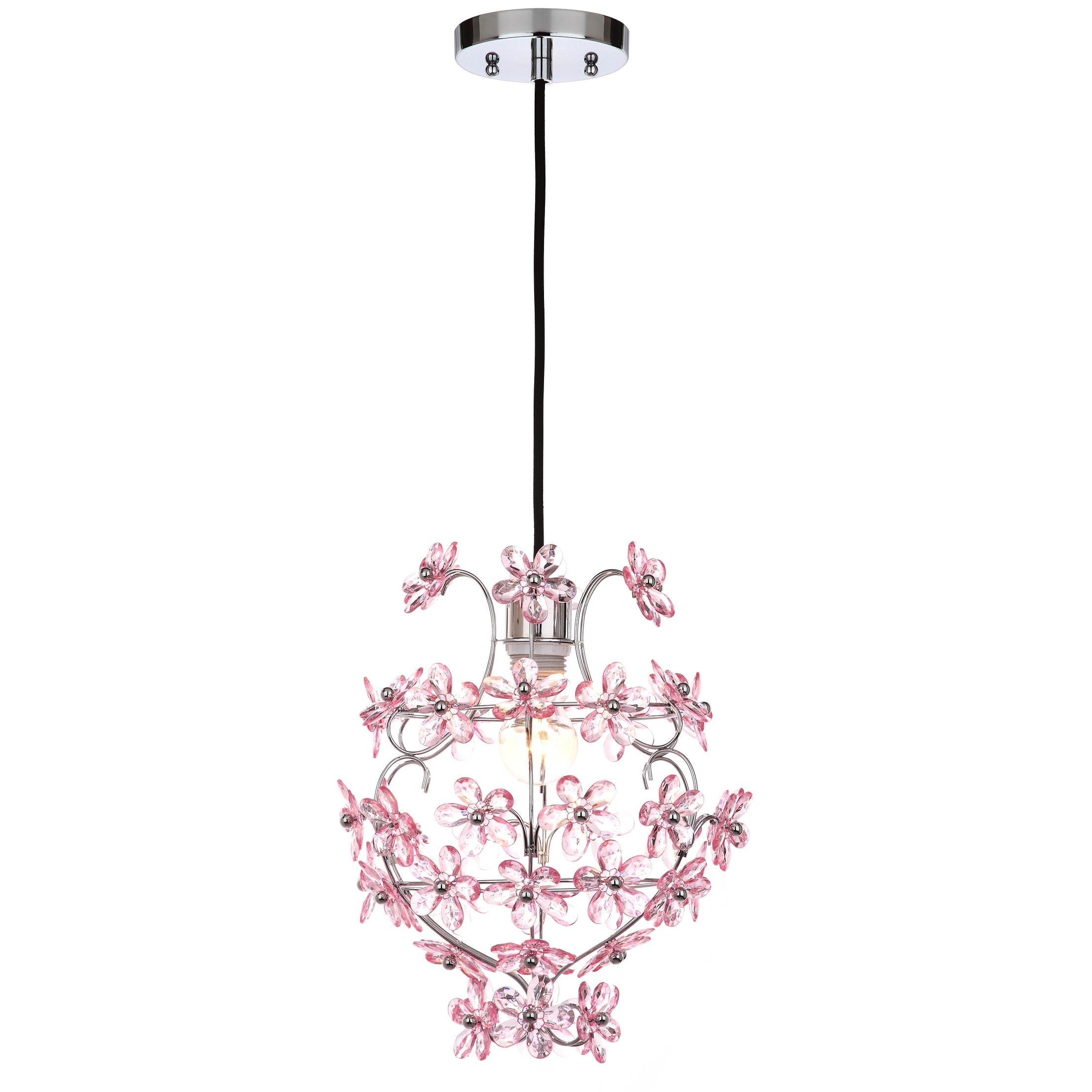 SAFAVIEH Lighting Kori 12-inch Floral Chrome/ Pink Adjustable Pendant Lamp - 11.75"x11.75"x16.5-88.5"