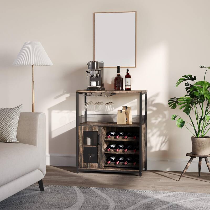 3-Tier Wine Bar Cabinet with Storage, Wine Rack & Glass Holder, Small Liquor Cabinet for Home, Black Corner Storage with Shelves