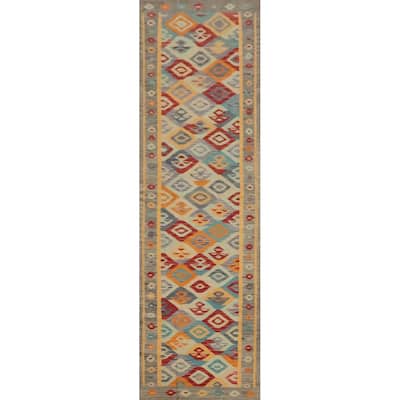 Hand Woven Oriental 100% Wool Carpet Southwestern Tribal Multi-Colored Kilim Runner Rug - 10' 10'' X 2' 9''