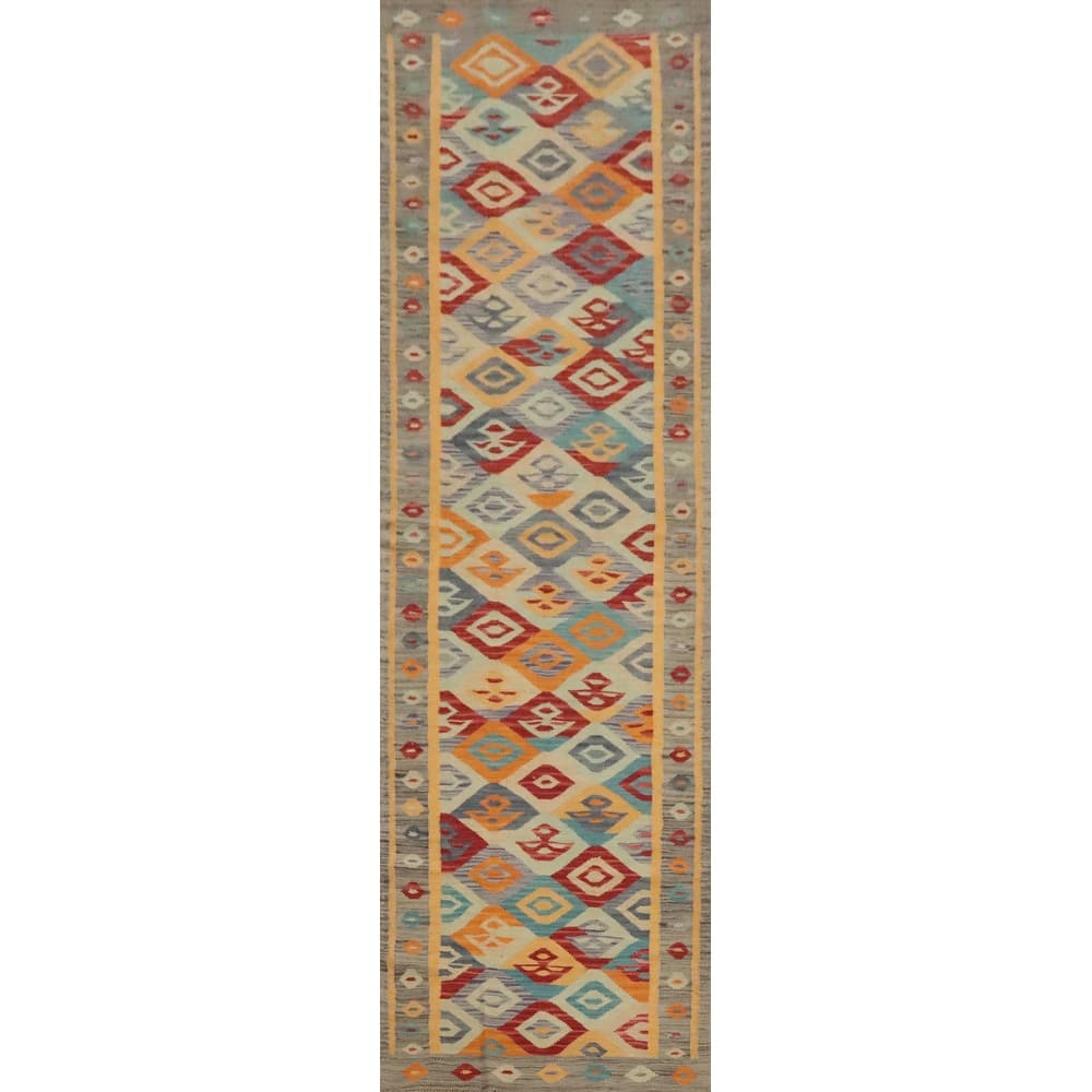 Hand Woven Oriental 100% Wool Carpet Southwestern Tribal Multi-Colored Kilim Runner Rug - 10' 10'' X 2' 9''