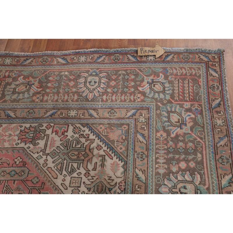 Pink Geometric Tabriz Persian Vintage Rug Hand-Knotted Wool Carpet - 9'6"x 12'4"
