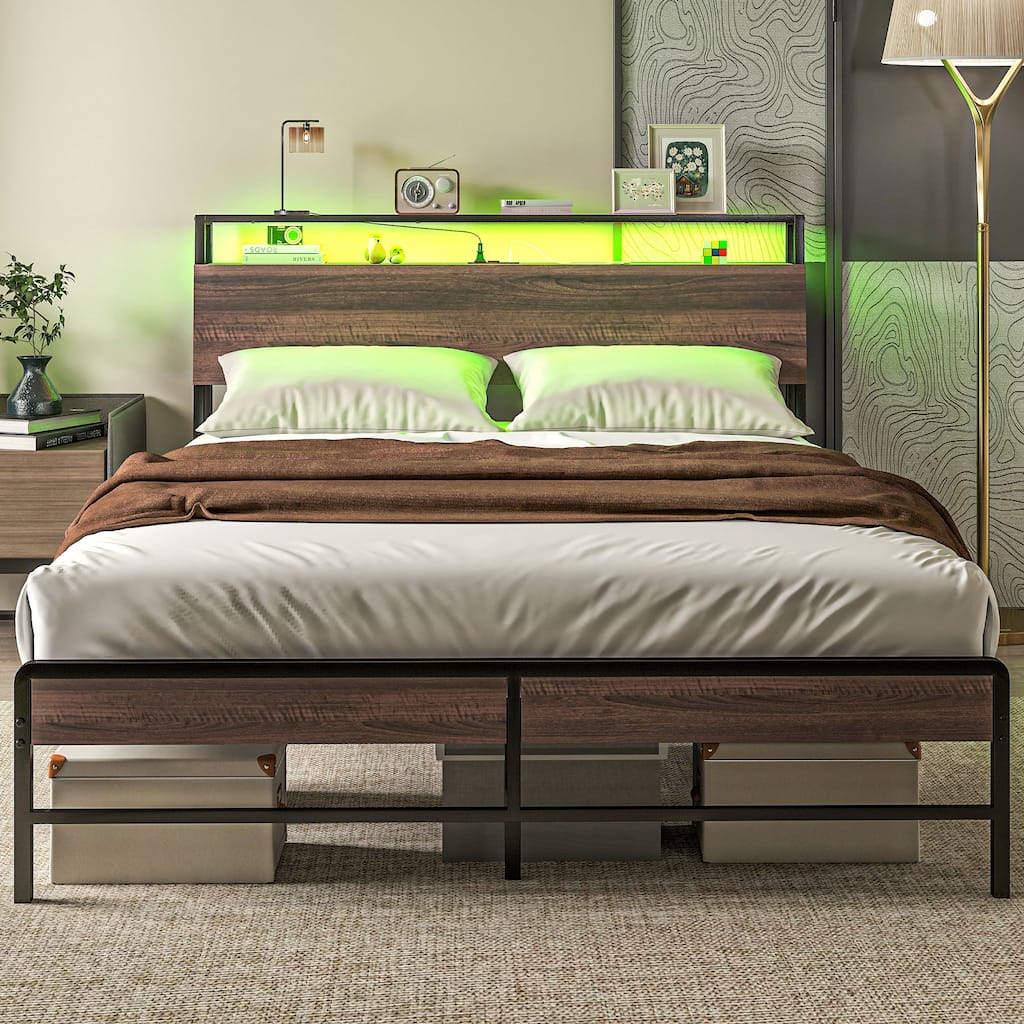 Walnut Platform Bed Frame with USB Charging and RGB LED Lights 3-Tier Storage and Noise-Reducing Mats