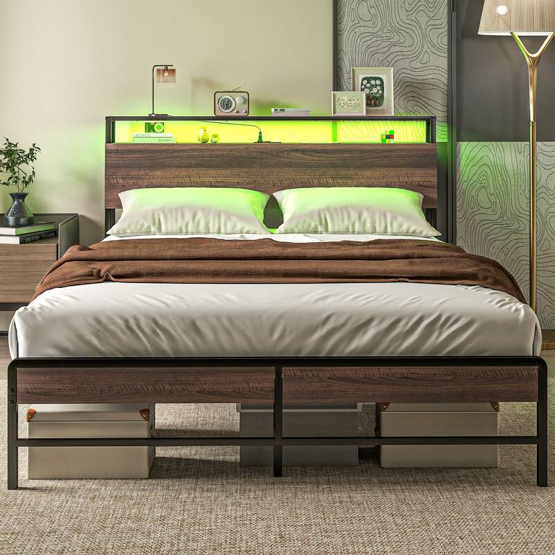 Walnut Platform Bed Frame with USB Charging and RGB LED Lights 3-Tier Storage and Noise-Reducing Mats - Queen