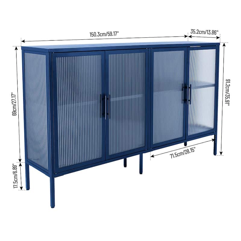 Stylish 4-Door Tempered Glass Cabinet, 4 Glass Doors Adjustable Shelf