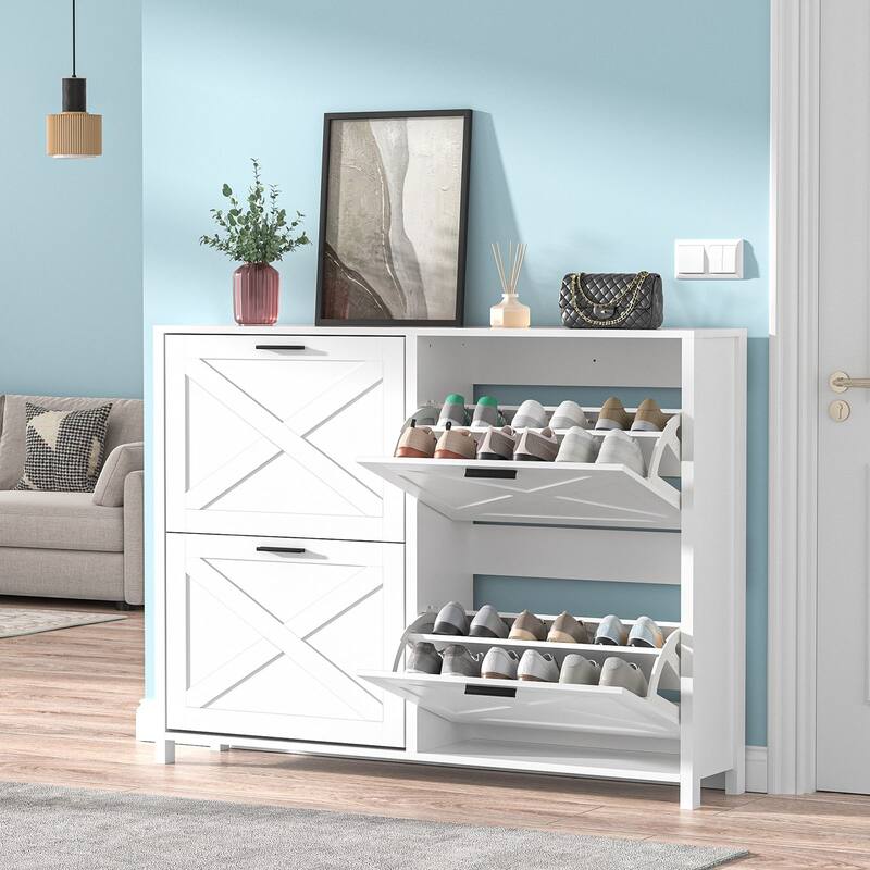 Anmytek 24 Pair Shoe Cabinet with 4 Flip Drawers - Space-Saving Entryway Storage - White
