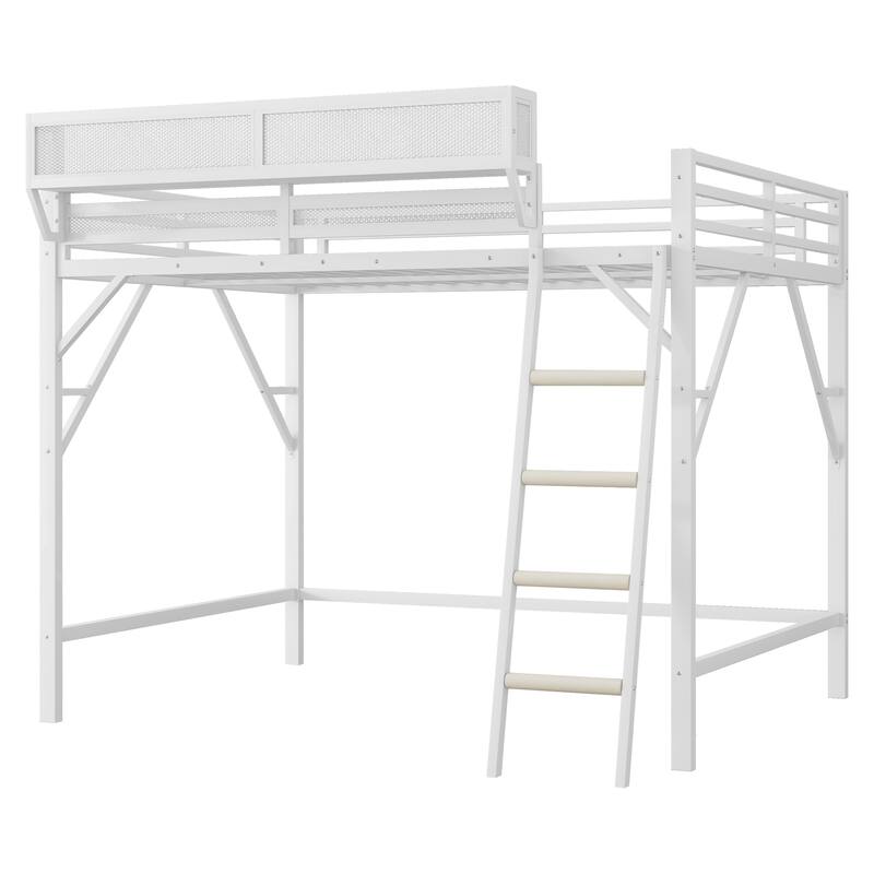 Queen Size Metal Loft Bed with Ladder Storage Shelves for Kids Teens