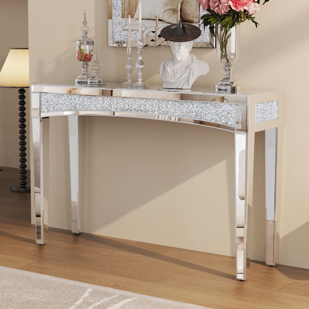 Mirrored Console Table Embedded Sparkling Crystals Diamond - 47.2" x 13.8" x 31.1"