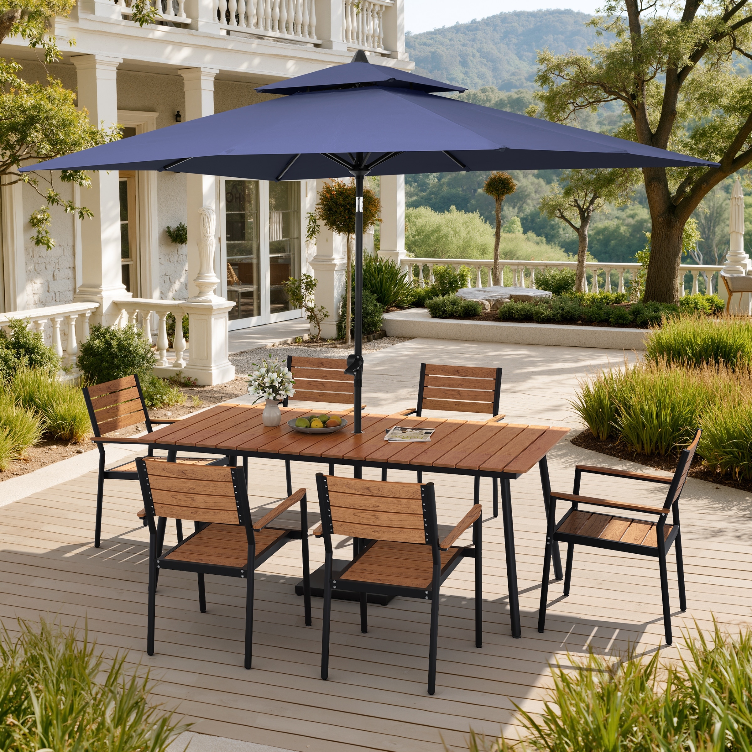 9PC Outdoor Patio Dining Set Aluminum Table with Stackable Armchairs w/ Market Umbrella Set