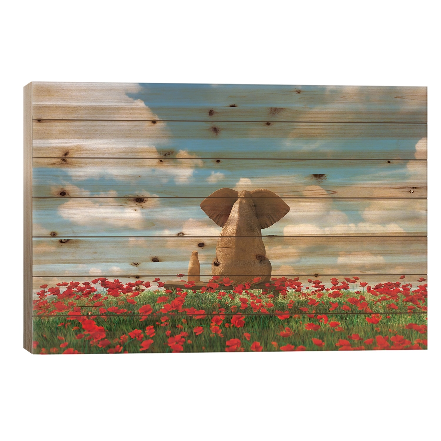 Elephant And Dog Sit On A Red Poppy Field Print On Wood by Mike Kiev - Multi-Color