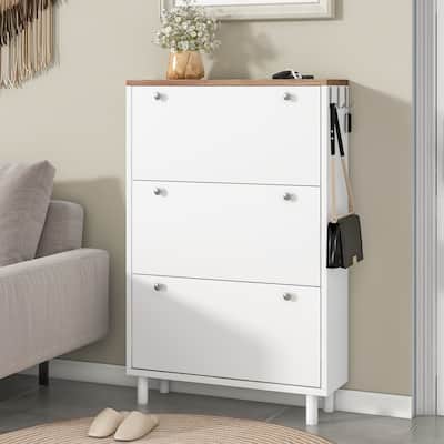 Narrow Design Freestanding Shoe Cabinet with 3 Flip Drawers, 3 Hooks & Adjustable Panel