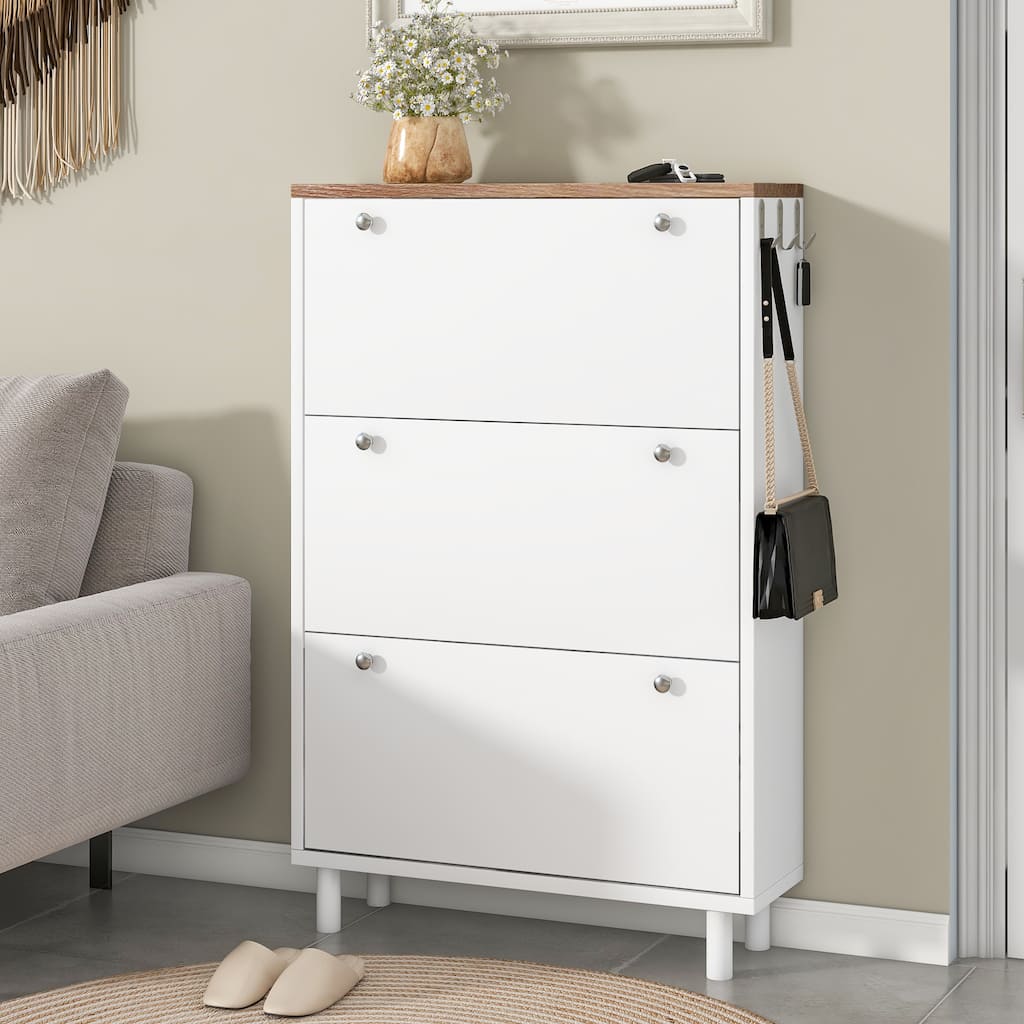 Narrow Shoe Storage Cabinet with 3 Flip Drawers, 3 Hooks 24 Pair Wood Shoe Shelves, Round Leg Shoe Cabinet for Entryway