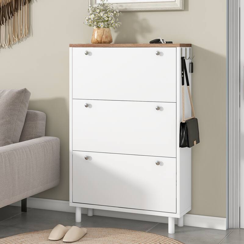 Narrow Design Shoe Cabinet With 3 Flip Drawers - White
