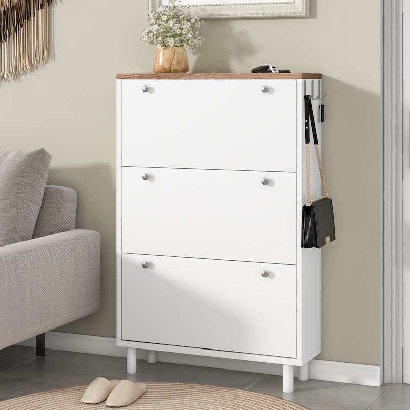 Tipping Bucket Shoe Cabinet, Hidden Shoe Storage Cabinet, Entryway Organizer with Adjustable Panel, 3 Flip Drawers & 3 Hooks - White