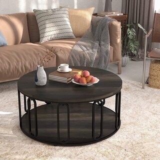 Wooden 2 Tier Round Coffee Table with Open Storage Shelf - Bed Bath ...