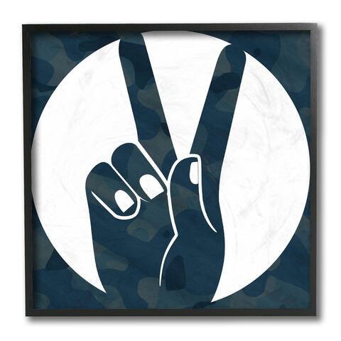 Stupell Industries Peace Sign Hand Pose Over Dark Blue Camouflage Framed Wall Art, 12 x 12
