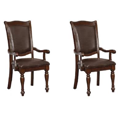 Set of 2 Brown Cherry Wooden Dining Armchairs with Espresso Leatherette Upholstery and Turned Legs