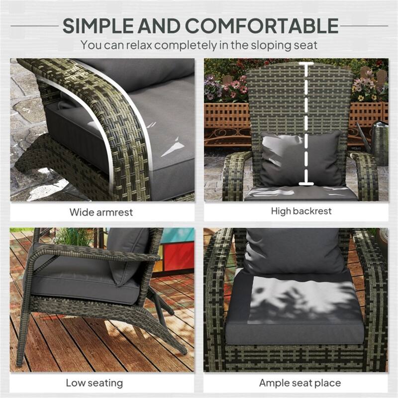 Grey Wicker Rattan Adirondack Chair with Cushion, Armrest and Curved Back - 25.2" W x 31.5" D x 35.5" H