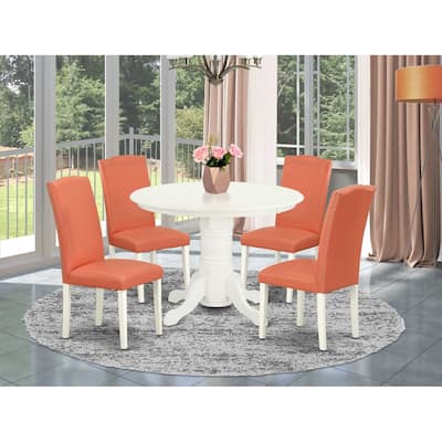 HomeStock 5-Piece Round Linen White Finish Solid Wood Top Dining Table with 4-Parson Chair with Lattice Back