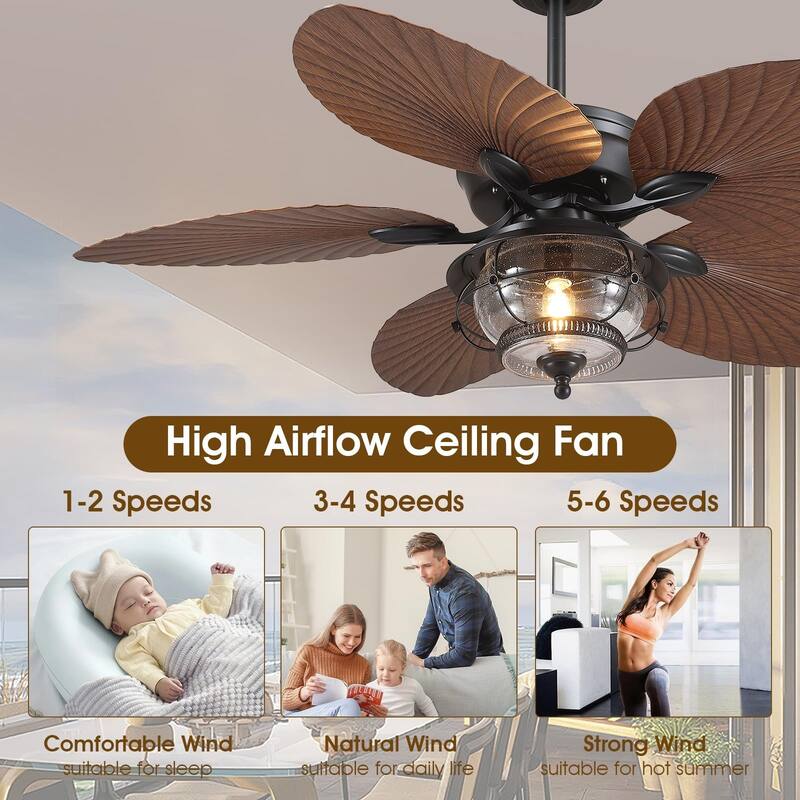 Kviflon 52 Inch Tropical Ceiling Fan with Light Palm Leaf Blades,Wet Rated for Living Room Bedroom Patio Farmhouse - 52 Inches