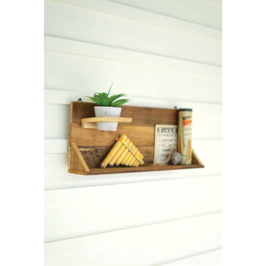 Recycled Wood Wall Decor With Clay Pot and Shelf - 8-inch Tall