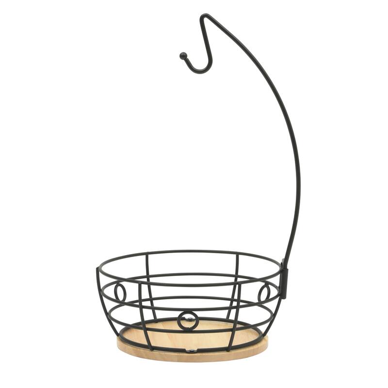 Gibson Home Fruit Basket Bowl with Banana Hanger - Black Metal Wire & Rubberwood Base - Countertop Produce Stand for Fruits - 8.86in x 8.86in x 15.7in