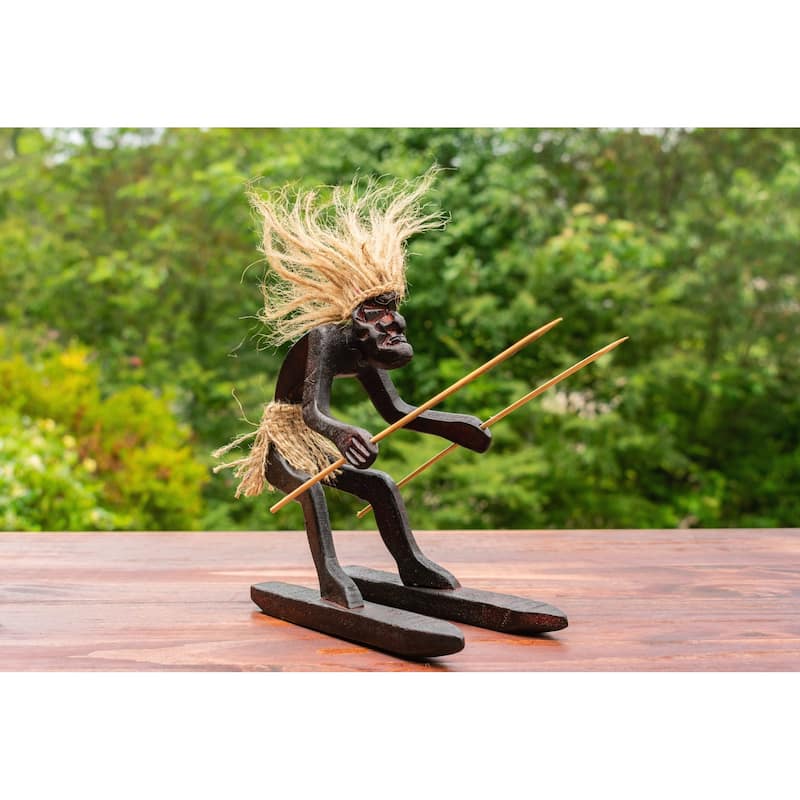 Primitive Tribal Statue with Skiboards Snowboard Tiki Bar Home Decor Snowblades Unique Gift - 7" wide x 7" tall x 3.5" deep