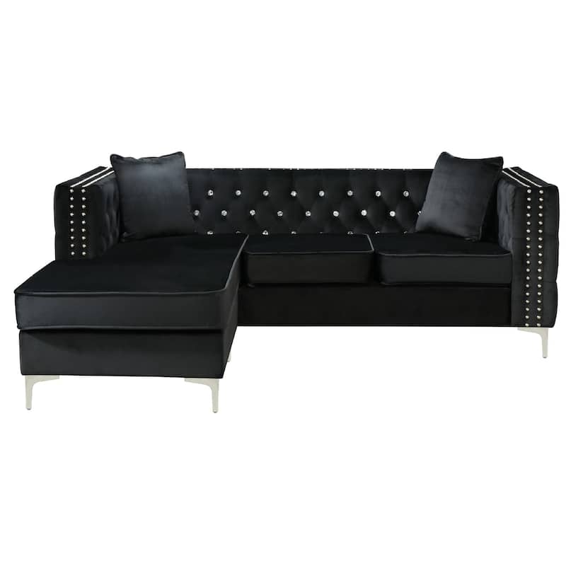Tufted Velvet Sectional Sofa with Throw Pillows - 87" - Black