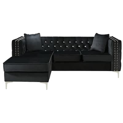 Tufted Velvet Sectional Sofa with Throw Pillows - 87" - Black
