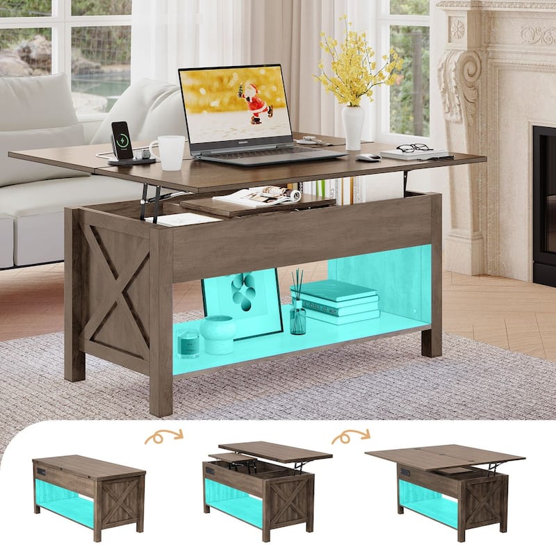 Gymojoy 42" 4-in-1 Lift Top Coffee Table with Charging & LED Lights, Farmhouse Storage Table for Living Room, Office, Dorm